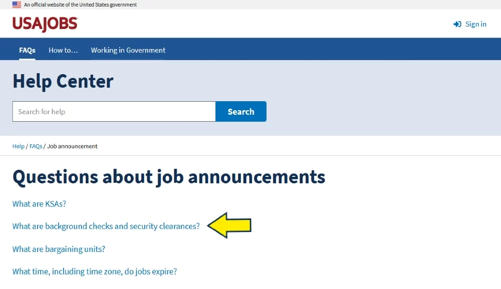 Nervous about background check for government jobs, help center USA jos screenshot. 