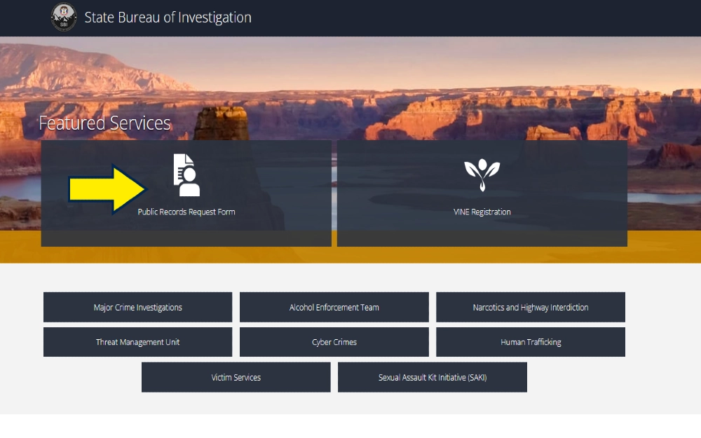 Utah State Bureau of Investigation, BCI screenshot with yellow arrow pointing to public records rquest forms that can be used for Utah warrant searches on individuals. 