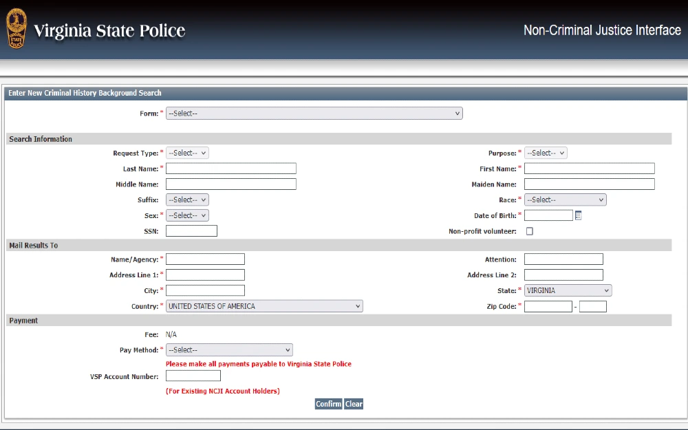 Screenshot of the non-criminal justice interface for running a criminal background check in Virginia. 
