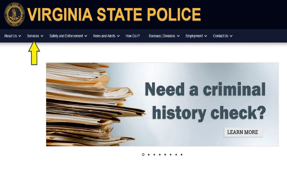 Screenshot of Virginia state police website with yellow arrow pointint to criminal history check, Virginia. 