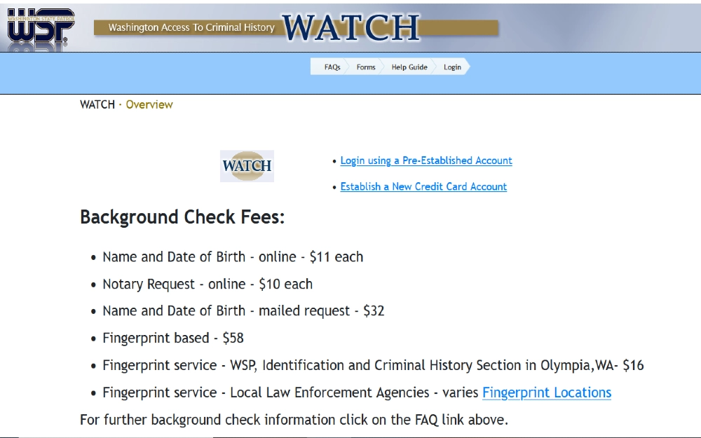 Washington state access to criminal history website screenshot