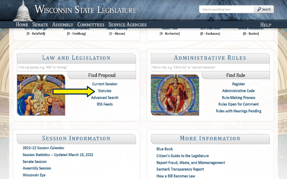 Screenshot of Wisconsin state legislature with yellow arrow pointing to button for statutes on how far back does a criminal background check go in Wisconsin. 