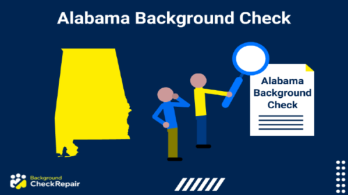 Alabama background check document on the right while two people examine the document that comprises a background check in Alabama, including Alabama criminal history searches for 7 years, gun background check, and explains laws with the state of Alabama on the left.