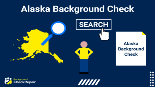 Alaska Background check search button in the center with an official state of Alaska background check form on the right and AK records search visualized by a magnifying glass over the state with a man waiting on the background search Alaska results in the middle.