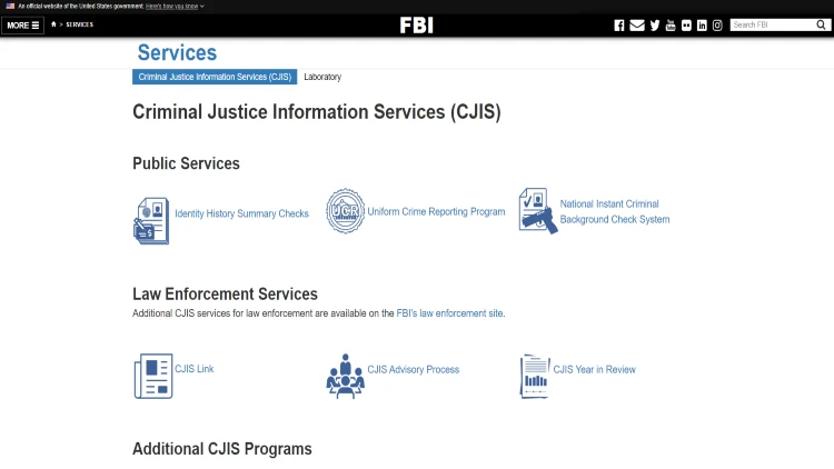 CJIS Identity History Summary Checks platform screenshot. 