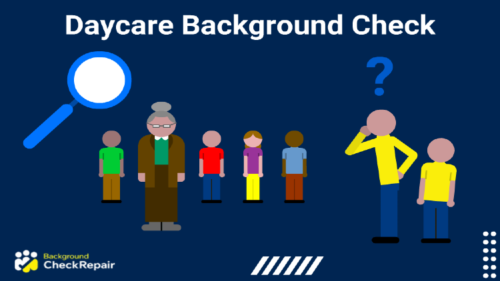 Daycare background check performed by a blue magnifying glass during a nanny background check as four children wait for the results of the caregiver background check before parents on the right allow them into the daycare center.