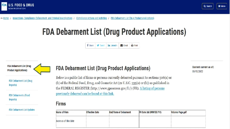 FDA Debarrment list screenshot for how far back do federal background checks go for employment