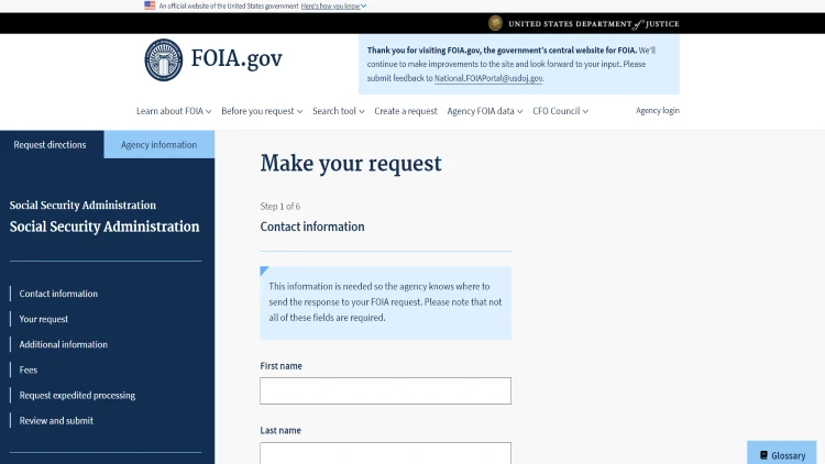 Freedom of Information Act website screenshot for making requests for how to find someone by social security number