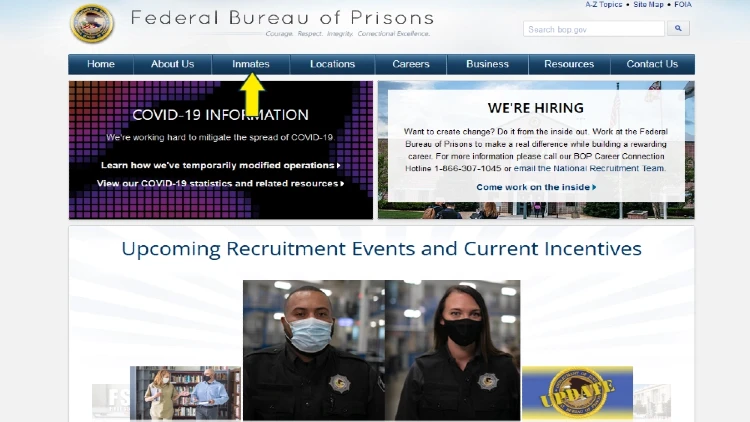 United Stated federal Bureau of Prisons website screenshot.