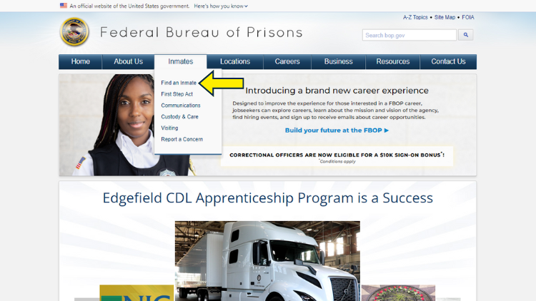 Screenshot of Federal Bureau of Prisons Page with yellow arrow pointing to find an inmate