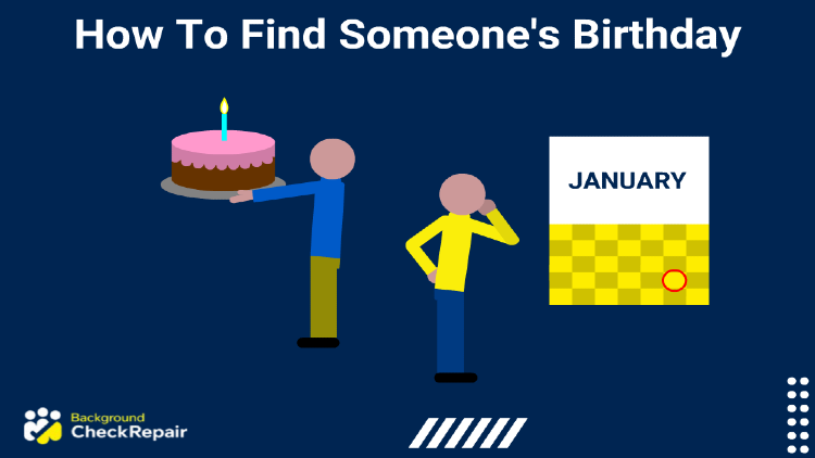Man wondering how to find someone’s birthday while looking at a calendar, while another man celebrates holding a pink birthday cake with one candle on his date of birth, lookup process for finding a birthday (DOB).