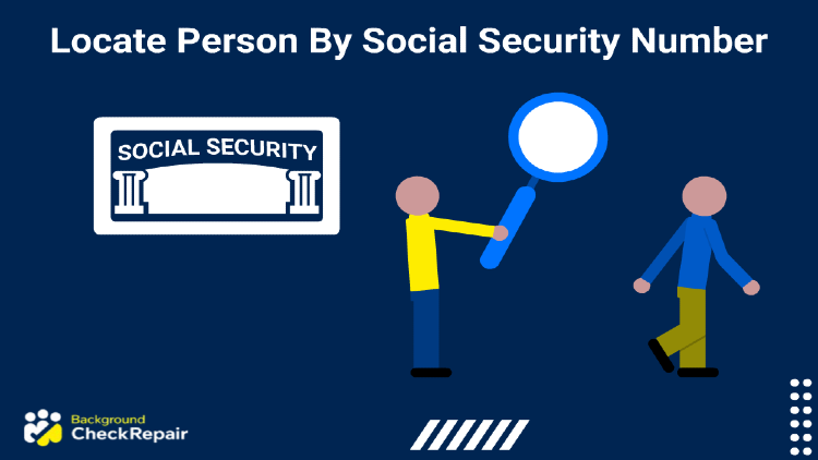 SSN card on the left showing the details to locate person by social security number free as man in yellow shirt wonders while holding up a magnifying glass and doing a social security number lookup search on someone else walking by.