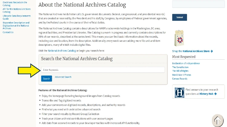 Screenshot how to search the national archives for old arrest records. 