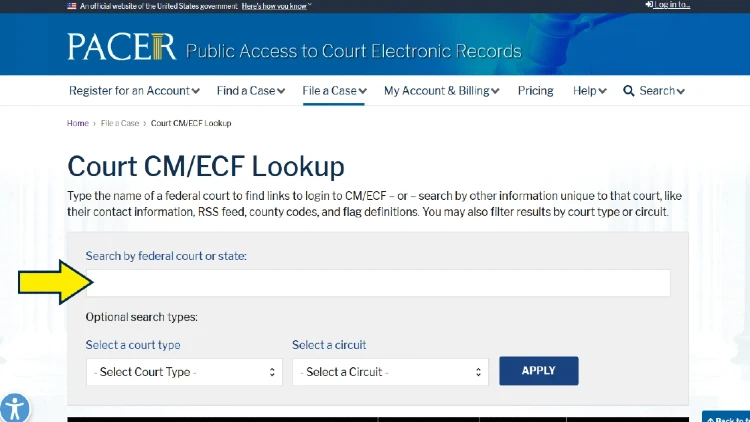 PACER court lookup screenshot for how to find bankruptcies on public records. 