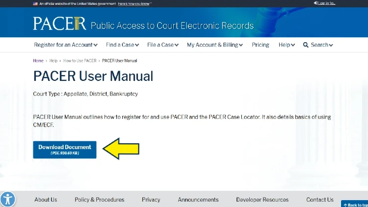 PACER user manual download screenshot for searching public records bankruptcies.