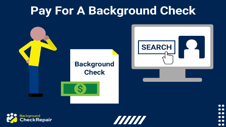 Pay for a background check question being asked by a man who is looking at the cost of a background check and a computer performing an online background check and thinking how much does a pre employment background check cost while wondering is it normal to back for a background check?