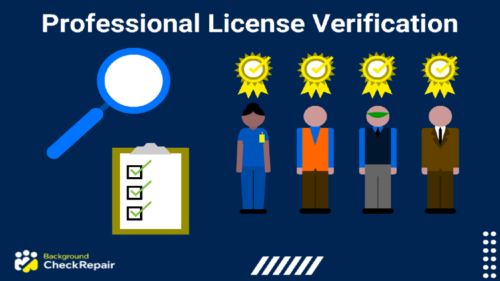 Professional license verification certificate on the left showing three categories checked off during the professional license search for four job applicants on the right with certificates above their heads as a blue magnifying glass validates licensing for nursing, construction, finance, and caregivers.