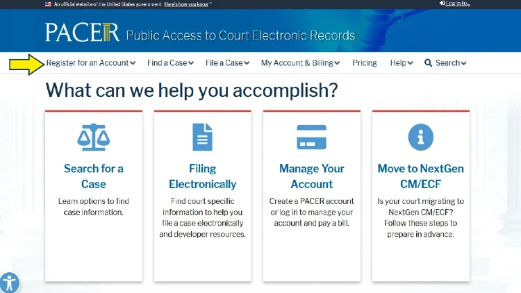 PACER website screenshot to create an account for how long are bankruptcies public record.