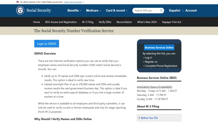 Screenshot of the Social security number verification services website.