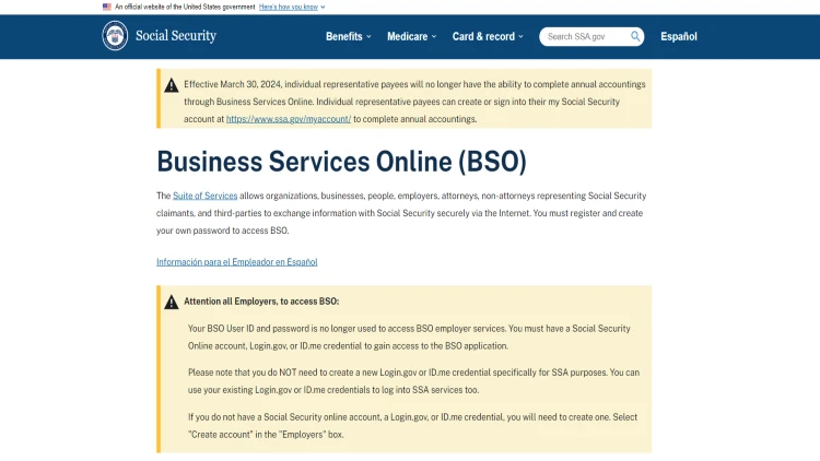 creenshot from SSN website titled Business Services Online.