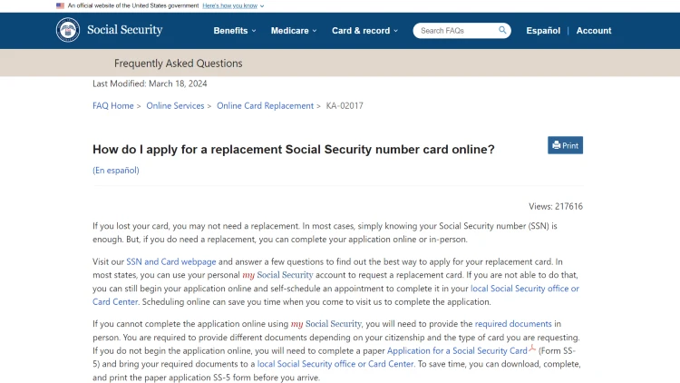 SSA screenshot for how to apply for a replacement ssn card online