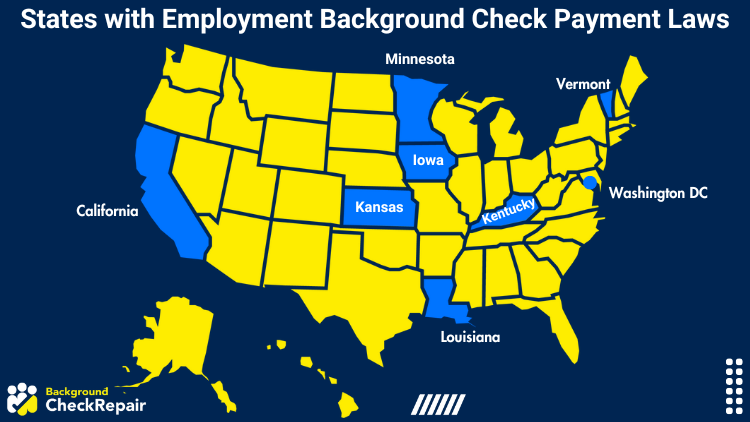 U.S. map showing states with employment background check payment laws - Minnesota, Iowa, Kansas, Kentucky, Louisiana, Vermont, Washington D.C., and California highlighted in blue, while the remaining states are in yellow.