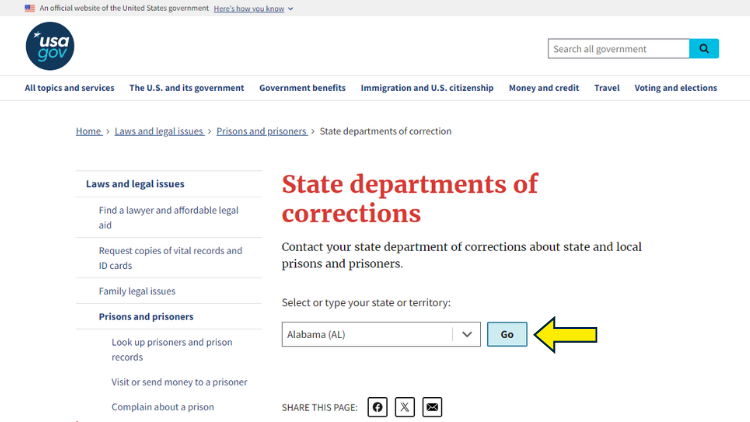 Screenshot of State Department of Corrections page from USA.gov