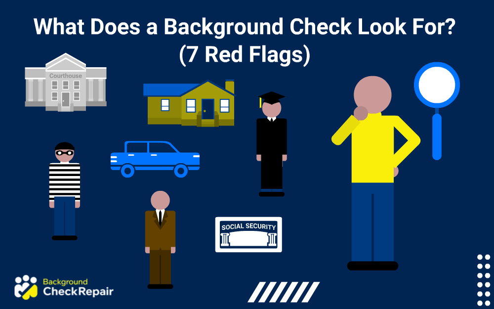 What does a background check look for, a man wonders while looking through a big blue magnifying glass and scratching his chin with court house, driver record, jail time, and social security options for what comes up on a background check.