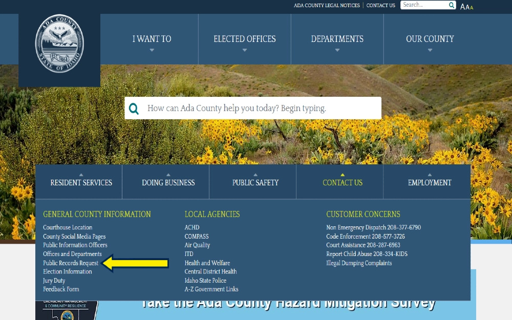 Ada County website screenshot with a yellow arrow pointing to public records request, Idaho form used for finding Idaho background check information. 