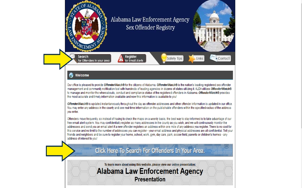 Alabama sex offender registry website screenshot with yellow arrows pointing to search buttons that allow users to search for offenders during a background check for real estate license. 