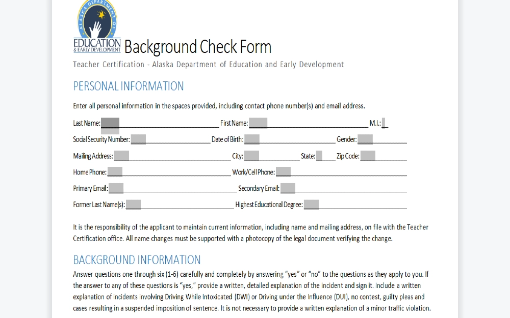 Alaska education background check form for teachers screenshot. 