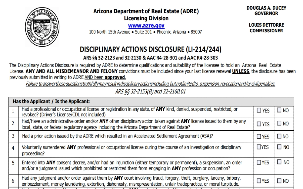 Arizona disciplinary actions disclosure real estate license form as part of the real estate application process. 