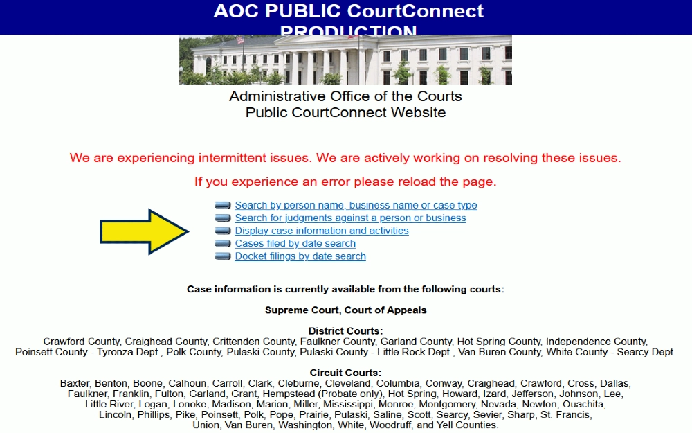 AOC Court Connect portal with yellow arrow posinting to search options for doing a background check in arkansas. 