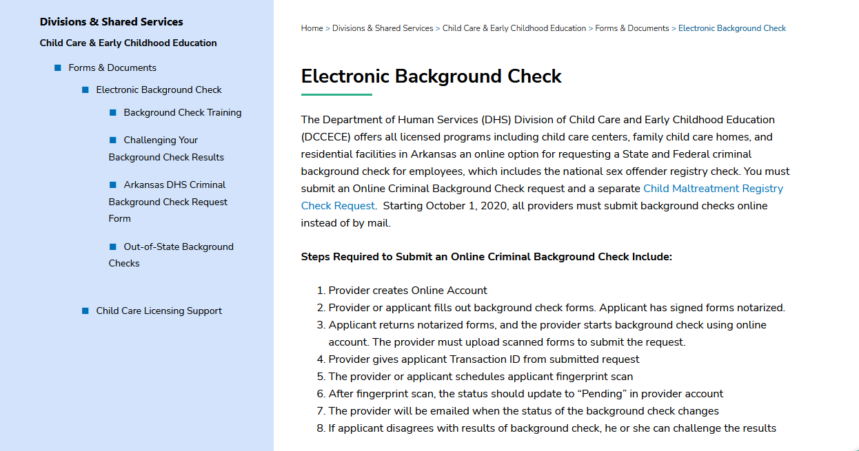 Child care electronic background check screenshot for background check for employment arkansas, that complies with Arkansas background check laws. 
