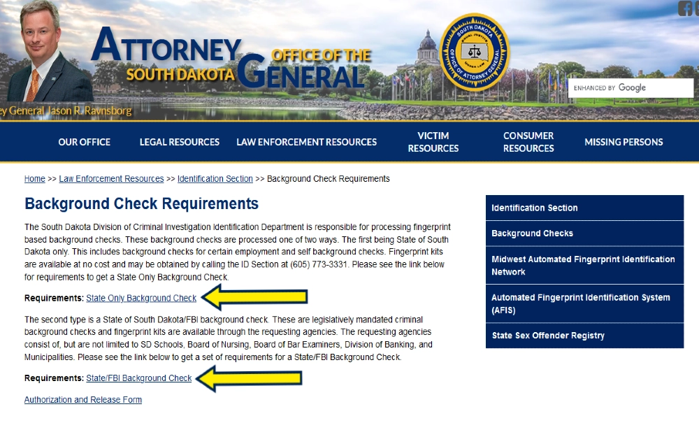 South Dakota office of Attorney General website with yellow arrows pointing to state only background checks and fbi and state background check links to requirements that people can use to find does getting fired from a job go on your record