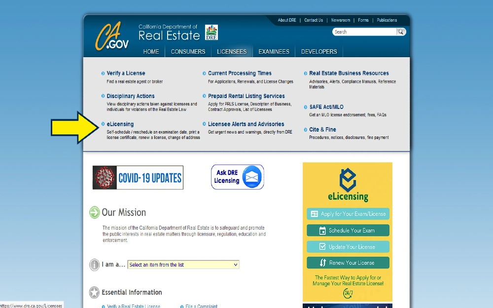 California real estate license test website screenshot with yellow arrow pointing to elicensing service. 
