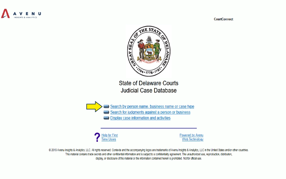 State of Delaware official Judicial Case search for performing part of a delaware criminal background check, which is free to search. 