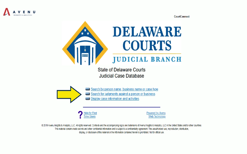 Delaware courts judicial branch screenshot with yellow arrow pointing to search feature for answering the question how to find out if i have any judgements against me?