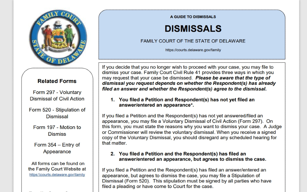 Screenshot of Delaware family court guide to dismissals which can also be used when learning how to get charges dropped before court date on reckless driving