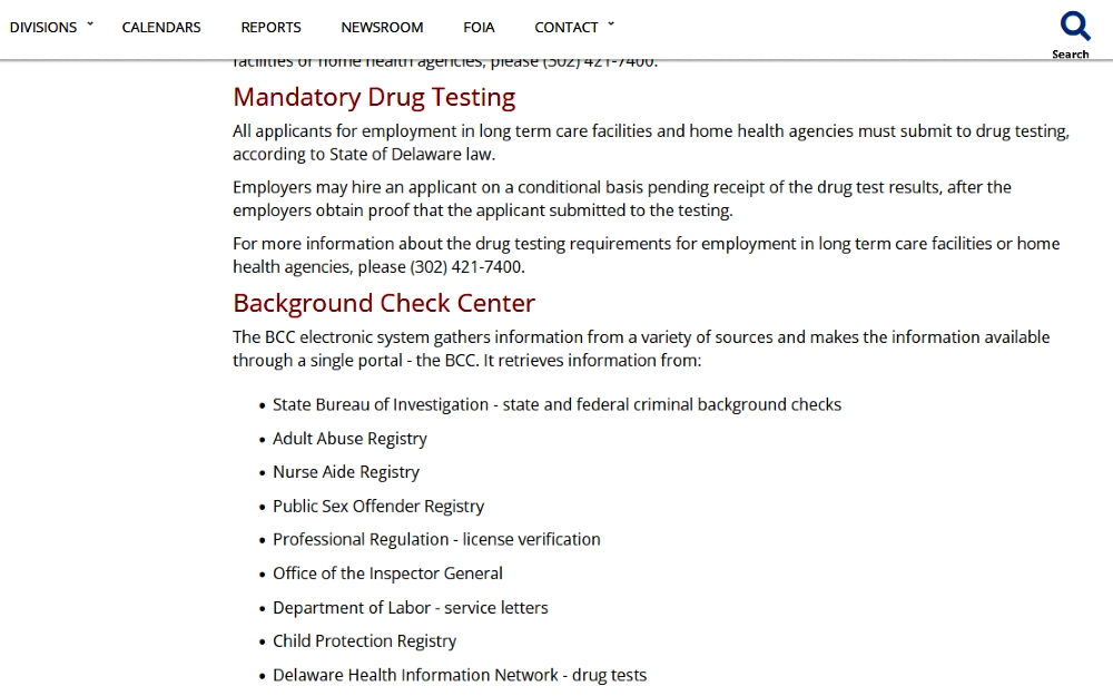 Delaware Healthcare background check page screenshot outlining the andatory drug test and background check Delaware center. 