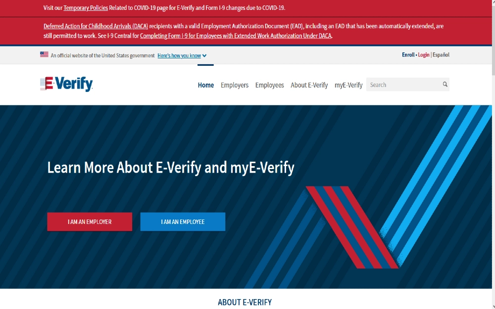 E-verify website screenshot with red and blue buttons for employers and employees. 