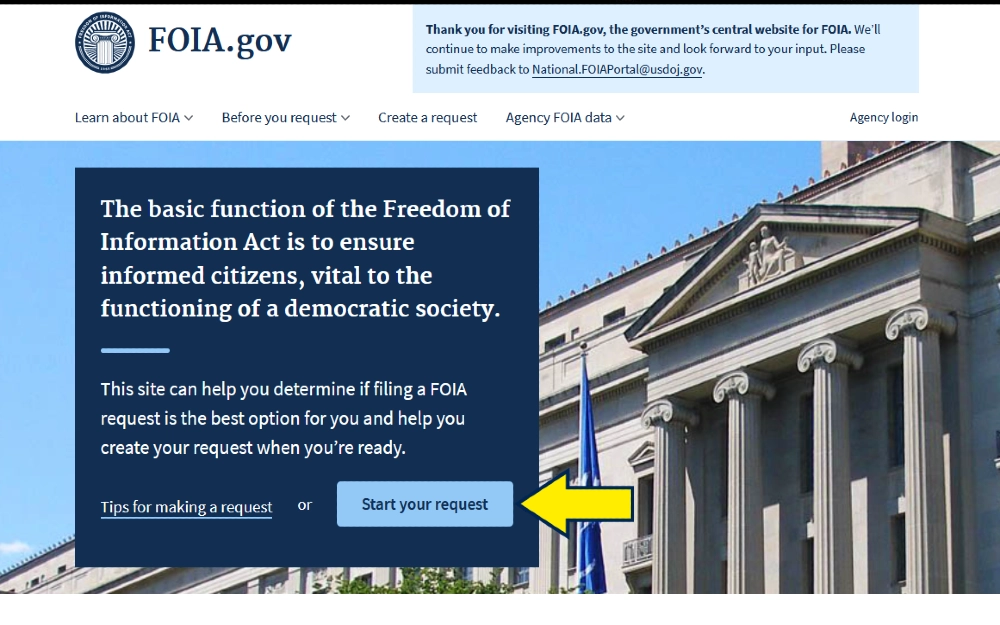 Freedom of Information Act screenshot with yellow arrow pointing to the button to start a request for how to find out if you have a sealed indictment. 