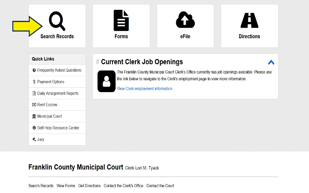 Franklin County Municiple court screnshot access with arrow pointing to records search feature for learning how to see if i have any judgements against me