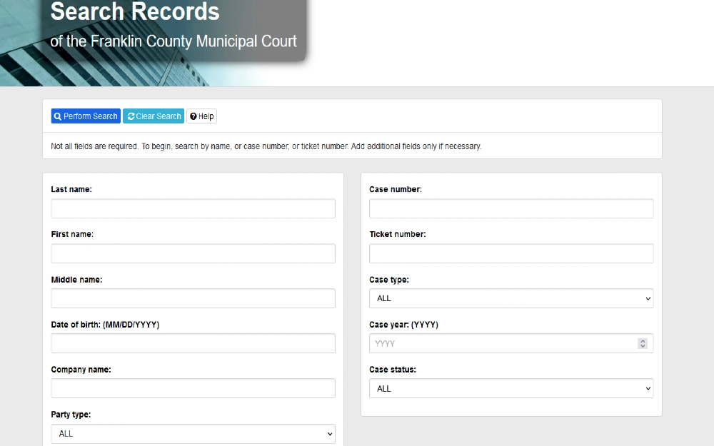 Franklin County municiple court search screenshot data entry for users who ask how do i check for judgements against me online. 
