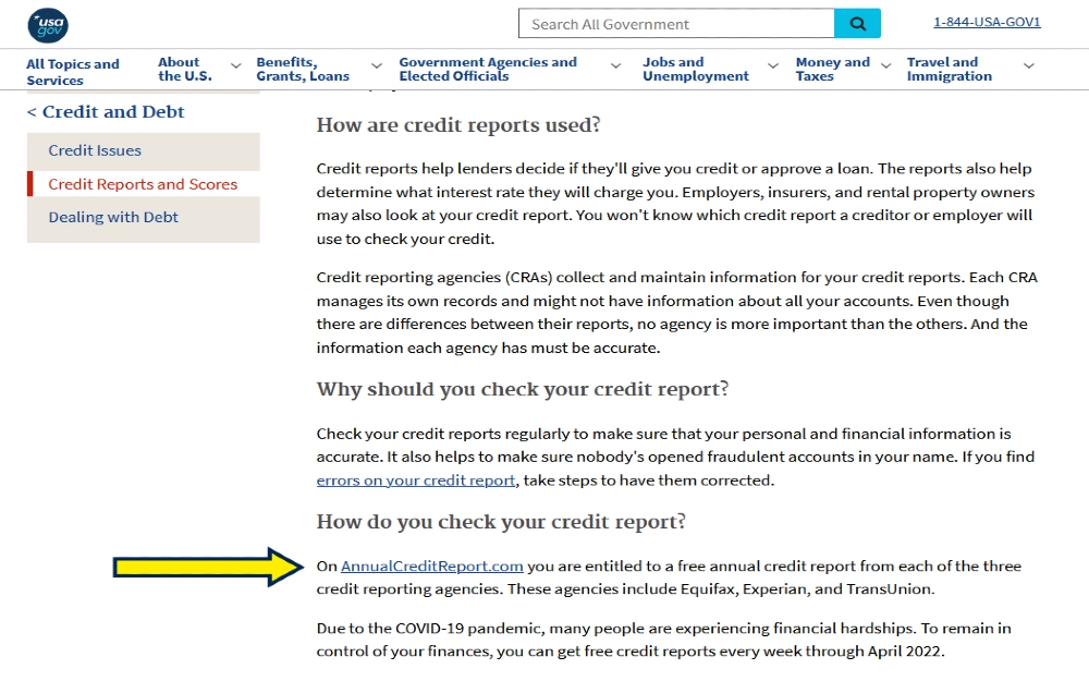USA .gov screenshot with yellow arrow pointing to the annual credit report.com website which can be used to run a free credit report on your self. 