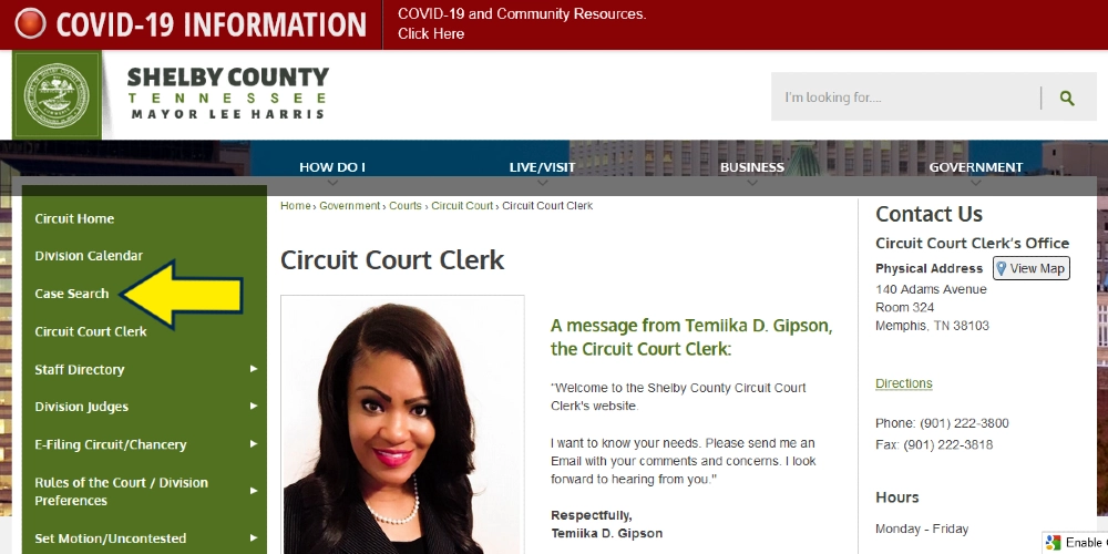 Shelby County Tennessee circuit court clerk website screenshot with yellow arrow pointing to the case search feature which allows users to search free Tennessee background check information using TN public records for courts. 