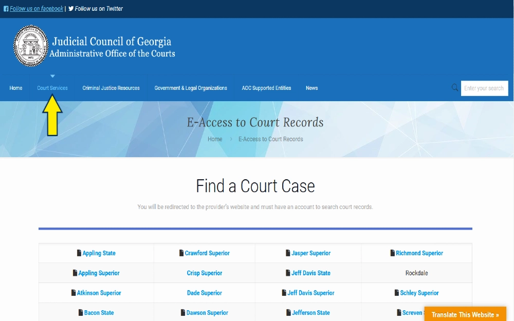 Screenshot of Georgia administrative court website with yellow arrow pointing to court services that allow users to do a georgia background check for employment and a free criminal background check, Georgia search. 