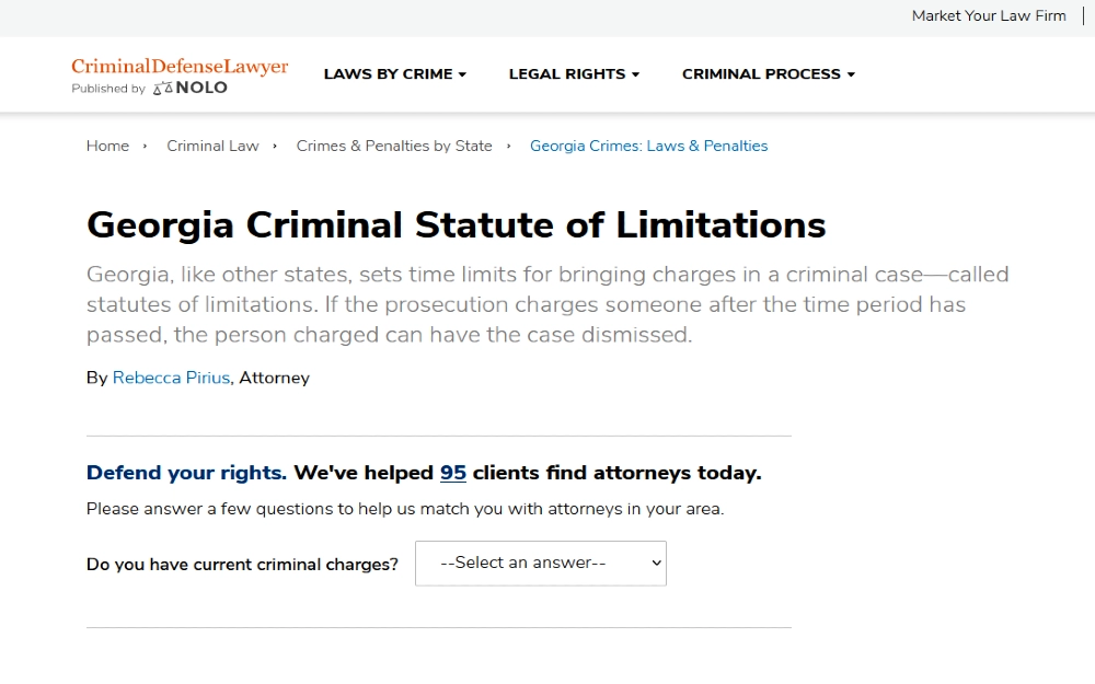 NOLO Screenshot of criminal defense lawyer page showing how long do police have to charge you with a crime in Georgia. 