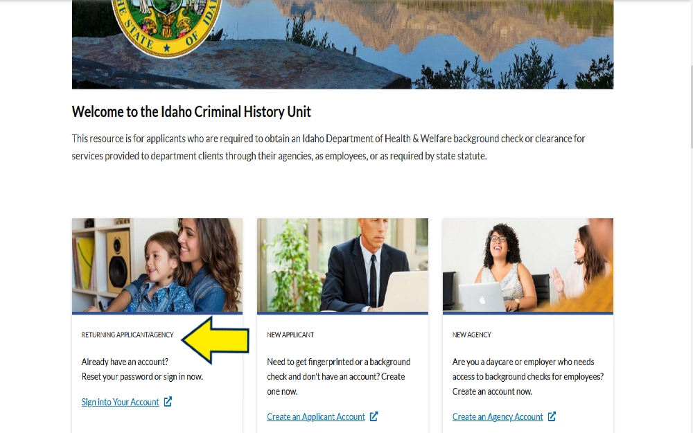 Idaho criminal history unit screenshot with yellow arrow pointing to account button, which can be used to get background check, Idaho information on criminal history. 