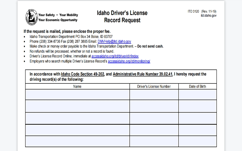 Screenshot of the Idaho Drivers License Record request form for obtaining Idaho DOT background checks. 